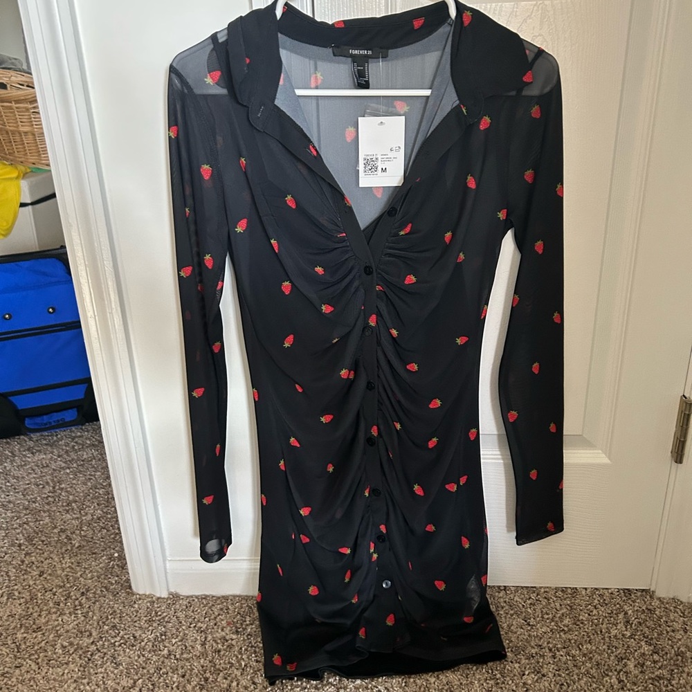 NWT strawberry patterned mesh mini dress with slip!